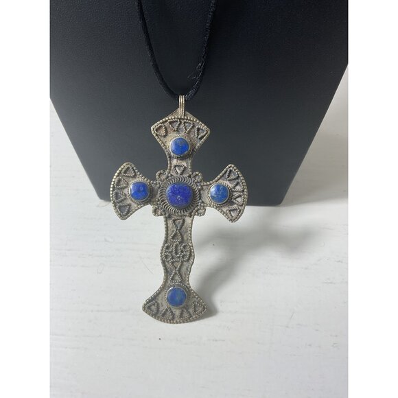 Silver Cross Pendant Necklace With Blue Stone Accents On Black Cord - Picture 1 of 5